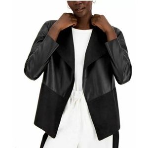 Alfani Knit-Back Faux Leather Jacket Navy Blue